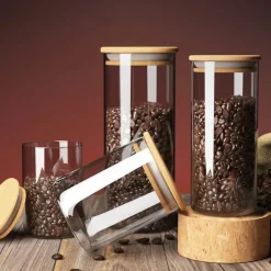 Luftdichtes Vorratsglas für Kaffeebohnen aus Glas mit Bambusdeckel – Küchen-Organizer für Frische