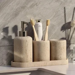 Luxe Sandstone Bathroom Set - Elegant Bath Accessories Collection