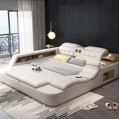 Luxuriöser Lederbettrahmen mit Massagesessel – Modernes multifunktionales Design