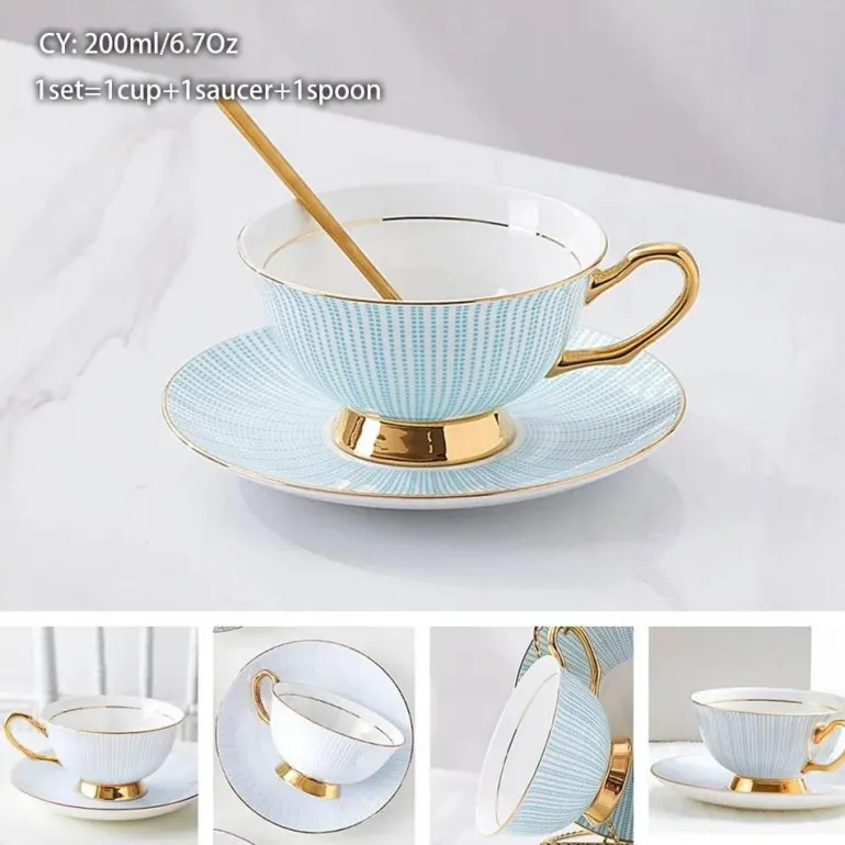Luxuriöses Kaffeetassen-Set aus Knochenporzellan – 200 ml Tasse mit Untertasse und Löffel