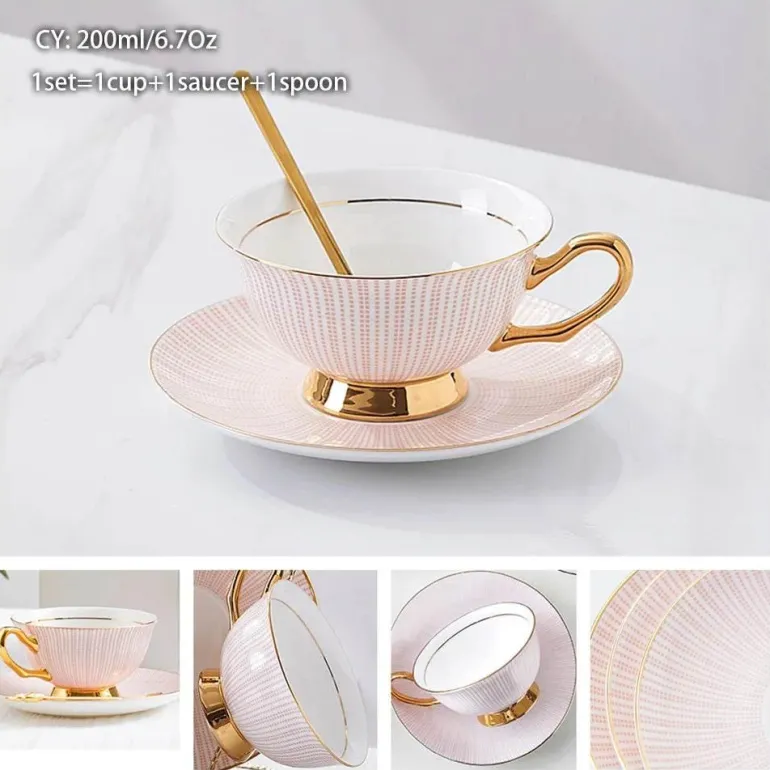 Luxuriöses Kaffeetassen-Set aus Knochenporzellan – 200 ml Tasse mit Untertasse und Löffel