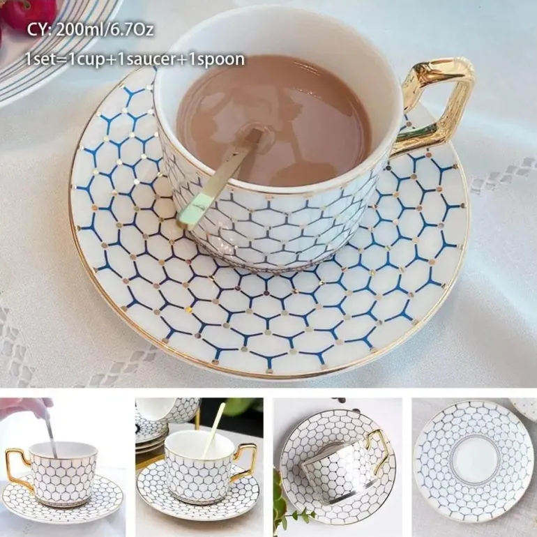Luxuriöses Kaffeetassen-Set aus Knochenporzellan – 200 ml Tasse mit Untertasse und Löffel