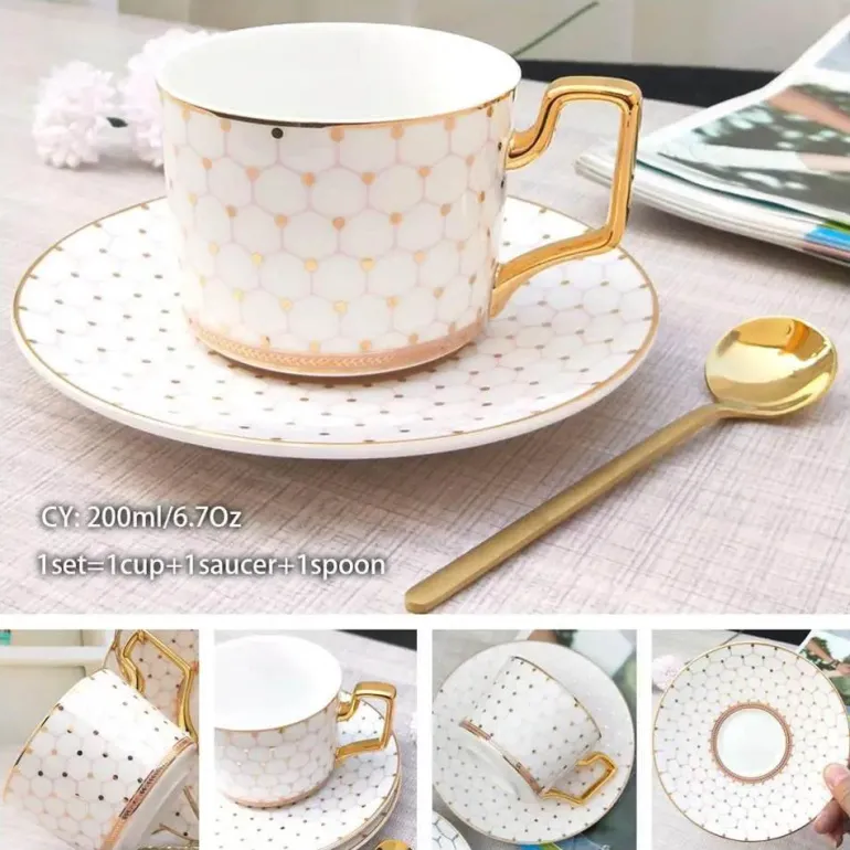 Luxuriöses Kaffeetassen-Set aus Knochenporzellan – 200 ml Tasse mit Untertasse und Löffel