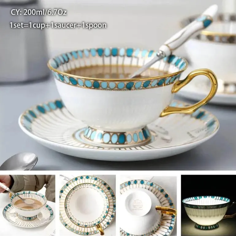 Luxuriöses Kaffeetassen-Set aus Knochenporzellan – 200 ml Tasse mit Untertasse und Löffel