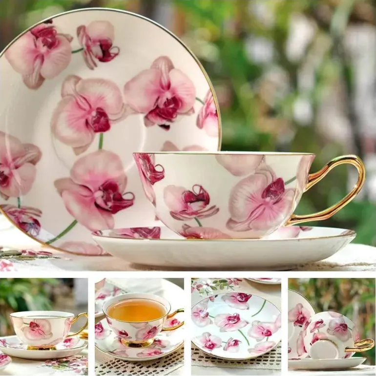 Luxuriöses Kaffeetassen-Set aus Knochenporzellan – 200 ml Tasse mit Untertasse und Löffel