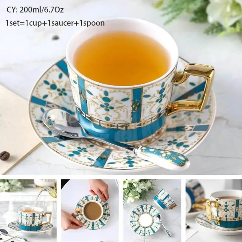 Luxuriöses Kaffeetassen-Set aus Knochenporzellan – 200 ml Tasse mit Untertasse und Löffel
