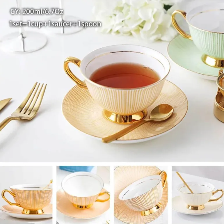 Luxuriöses Kaffeetassen-Set aus Knochenporzellan – 200 ml Tasse mit Untertasse und Löffel