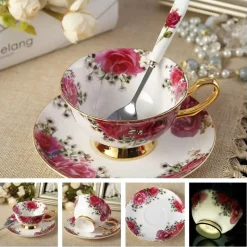 Luxuriöses Kaffeetassen-Set aus Knochenporzellan – 200 ml Tasse mit Untertasse und Löffel