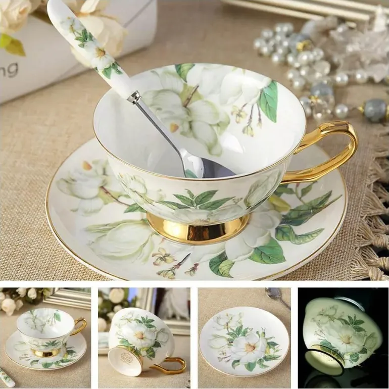 Luxuriöses Kaffeetassen-Set aus Knochenporzellan – 200 ml Tasse mit Untertasse und Löffel