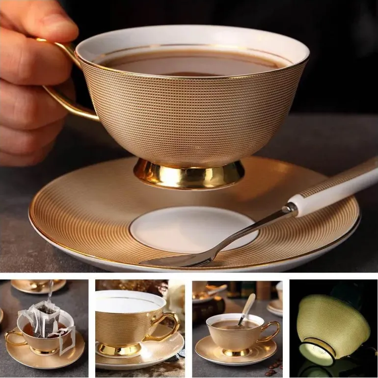 Luxuriöses Kaffeetassen-Set aus Knochenporzellan – 200 ml Tasse mit Untertasse und Löffel