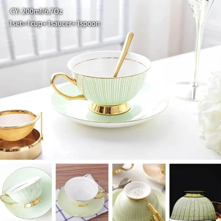 Luxuriöses Kaffeetassen-Set aus Knochenporzellan – 200 ml Tasse mit Untertasse und Löffel