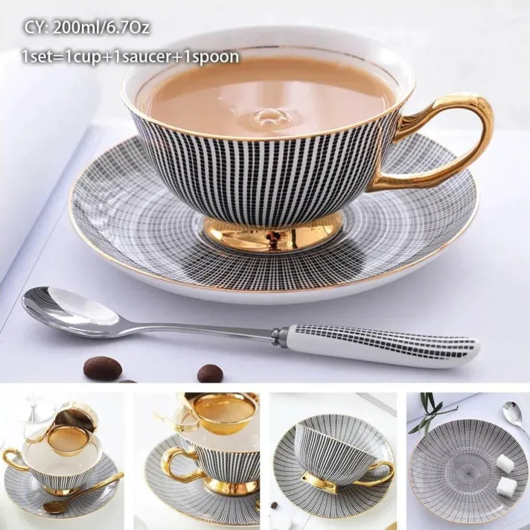 Luxuriöses Kaffeetassen-Set aus Knochenporzellan – 200 ml Tasse mit Untertasse und Löffel