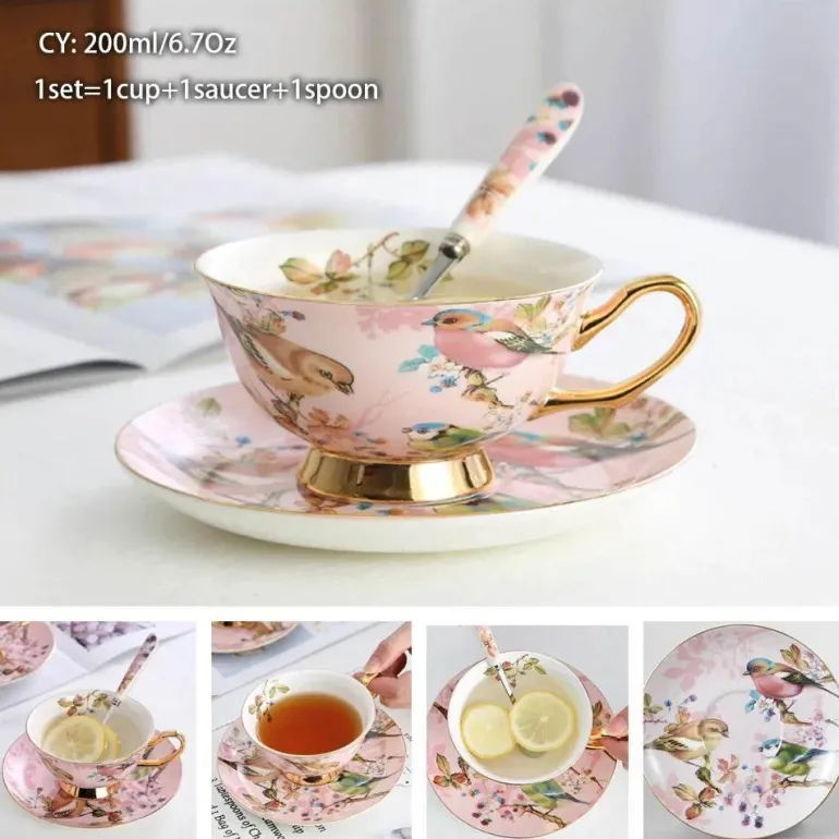 Luxuriöses Kaffeetassen-Set aus Knochenporzellan – 200 ml Tasse mit Untertasse und Löffel