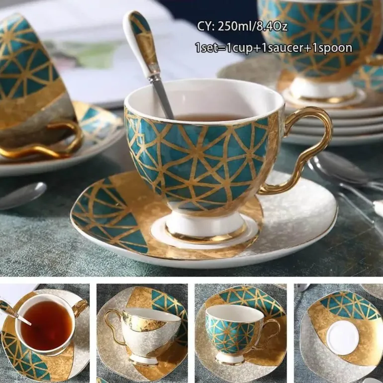 Luxuriöses Kaffeetassen-Set aus Knochenporzellan – 200 ml Tasse mit Untertasse und Löffel