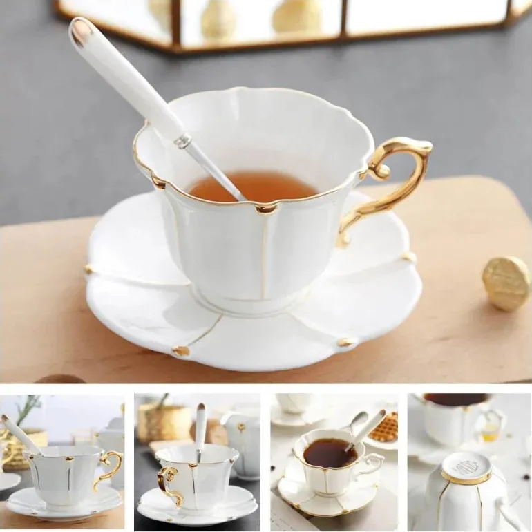 Luxuriöses Kaffeetassen-Set aus Knochenporzellan – 200 ml Tasse mit Untertasse und Löffel