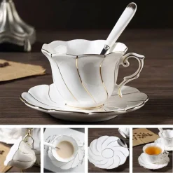 Luxuriöses Kaffeetassen-Set aus Knochenporzellan – 200 ml Tasse mit Untertasse und Löffel