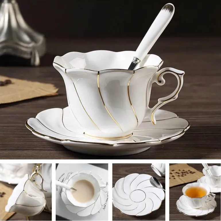 Luxuriöses Kaffeetassen-Set aus Knochenporzellan – 200 ml Tasse mit Untertasse und Löffel