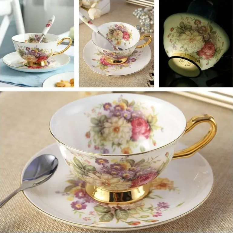 Luxuriöses Kaffeetassen-Set aus Knochenporzellan – 200 ml Tasse mit Untertasse und Löffel