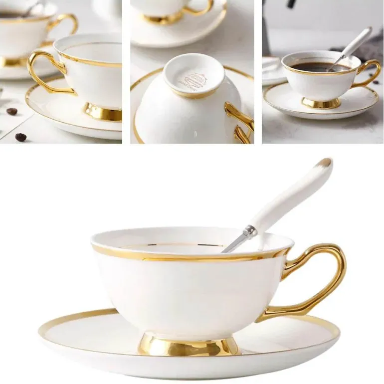 Luxuriöses Kaffeetassen-Set aus Knochenporzellan – 200 ml Tasse mit Untertasse und Löffel