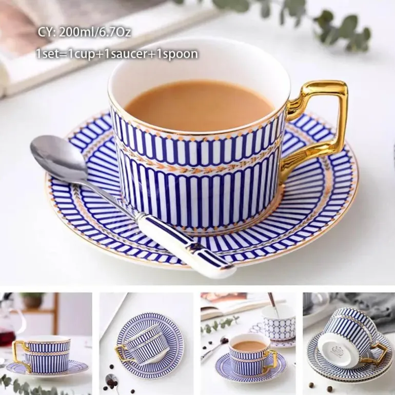 Luxuriöses Kaffeetassen-Set aus Knochenporzellan – 200 ml Tasse mit Untertasse und Löffel