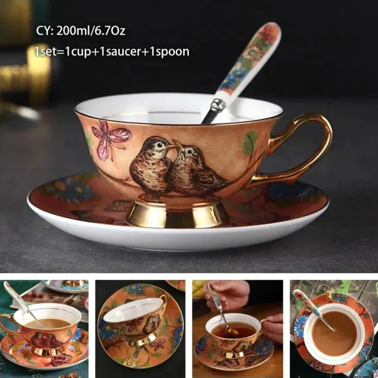 Luxuriöses Kaffeetassen-Set aus Knochenporzellan – 200 ml Tasse mit Untertasse und Löffel