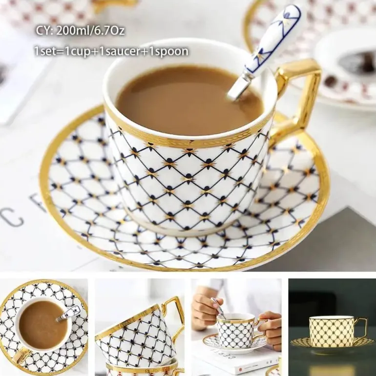 Luxuriöses Kaffeetassen-Set aus Knochenporzellan – 200 ml Tasse mit Untertasse und Löffel