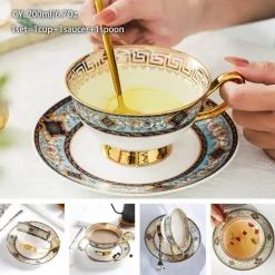 Luxuriöses Kaffeetassen-Set aus Knochenporzellan – 200 ml Tasse mit Untertasse und Löffel