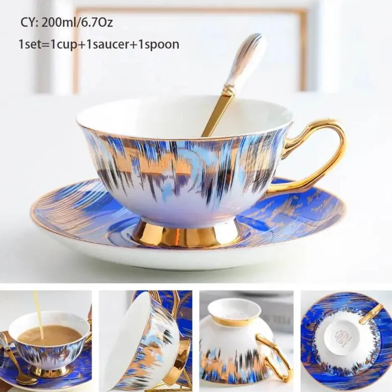 Luxuriöses Kaffeetassen-Set aus Knochenporzellan – 200 ml Tasse mit Untertasse und Löffel