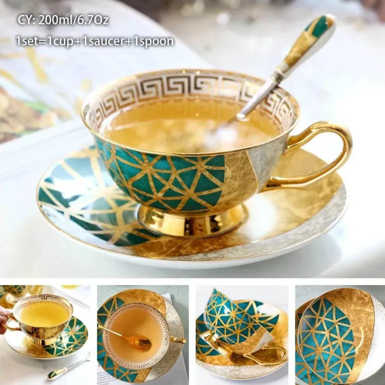 Luxuriöses Kaffeetassen-Set aus Knochenporzellan – 200 ml Tasse mit Untertasse und Löffel