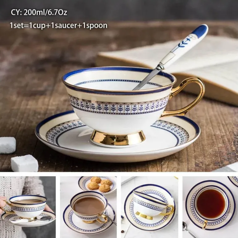 Luxuriöses Kaffeetassen-Set aus Knochenporzellan – 200 ml Tasse mit Untertasse und Löffel