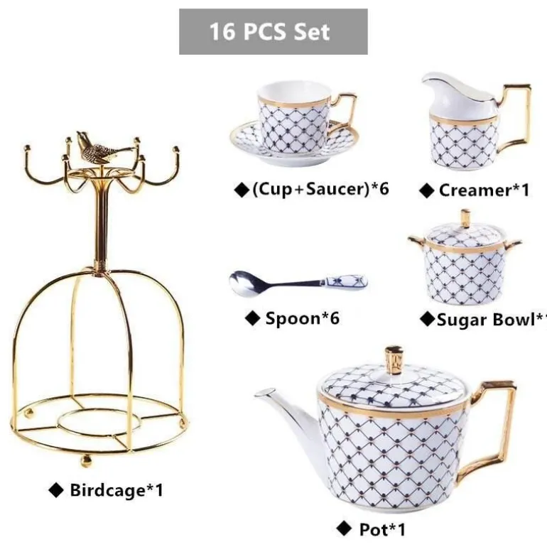 Luxuriöses Tee- und Kaffeeset aus Bone China – Elegante Kanne und Tassen aus goldfarbenem Porzellan