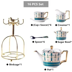 Luxuriöses Tee- und Kaffeeset aus goldenem Bone China – nordisches Porzellan, Teekanne, Tassen, Zuckerdose, Milchkännchen