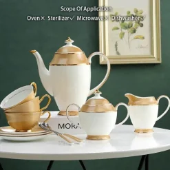 Luxuriöses Teeservice aus Knochenporzellan mit Goldbesatz, Teekanne, Kaffeetassen und Milchkännchen