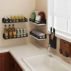 Mattschwarze Küchenaufbewahrung aus Metall ohne Bohren