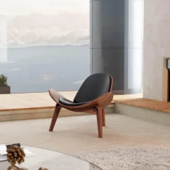 Mid Century Shell Lounge Chair - Moderner Akzentstuhl aus schwarzem PU-Leder