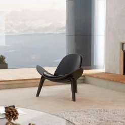 Mid Century Shell Lounge Chair - Moderner Akzentstuhl aus schwarzem PU-Leder