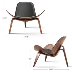 Mid Century Shell Lounge Chair - Moderner Akzentstuhl aus schwarzem PU-Leder