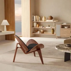 Mid Century Shell Lounge Chair - Moderner Akzentstuhl aus schwarzem PU-Leder