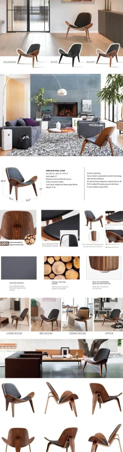 Mid Century Shell Lounge Chair - Moderner Akzentstuhl aus schwarzem PU-Leder