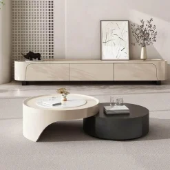 Modern Dual-Tier Round Coffee Table - Retractable Lounge Design