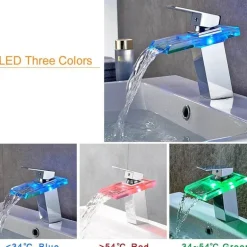 Moderner LED-Wasserhahn aus Messing – zeitgenössische Wasserfall-Badezimmerarmatur