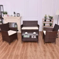 Modernes Rattan-Terrassenmöbel-Set – 4-teilig, Korbsofa, Couchtisch mit Kissen