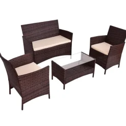 Modernes Rattan-Terrassenmöbel-Set – 4-teilig, Korbsofa, Couchtisch mit Kissen