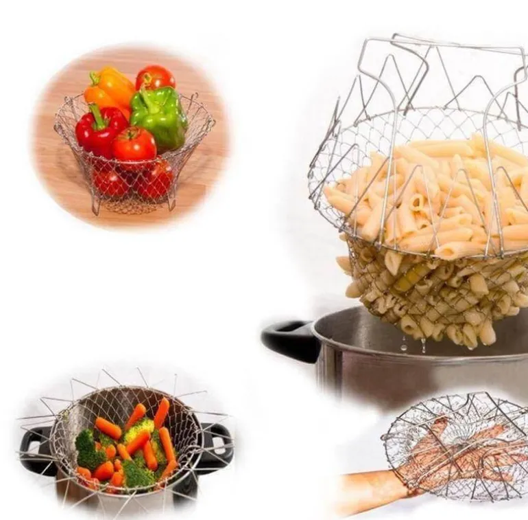 Multifunktionaler, faltbarer Frittier-Abtropfkorb aus Edelstahl
