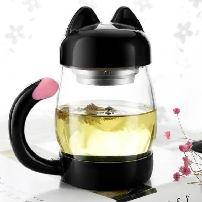 Niedliche Katzen-Glastasse mit Teefilter – Trinkgeschirr für Katzenliebhaber