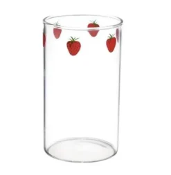 Niedlicher Glasbecher mit Erdbeermotiv, 300 ml, hitzebeständig, mit Strohhalm