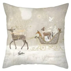 Niedlicher Kissenbezug aus Plüsch mit Kaninchen und Hirschen – Weihnachtskissenbezug 45 x 45 cm