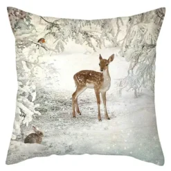 Niedlicher Kissenbezug aus Plüsch mit Kaninchen und Hirschen – Weihnachtskissenbezug 45 x 45 cm