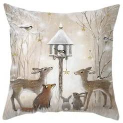 Niedlicher Kissenbezug aus Plüsch mit Kaninchen und Hirschen – Weihnachtskissenbezug 45 x 45 cm