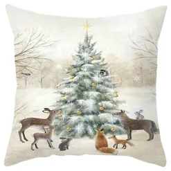 Niedlicher Kissenbezug aus Plüsch mit Kaninchen und Hirschen – Weihnachtskissenbezug 45 x 45 cm